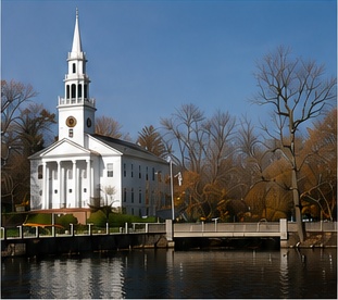 White church beside water in the United States